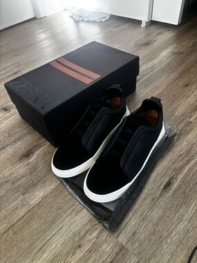 Zegna Triple Stitch Sneakers – Black Suede – Size 10 – Pre-Owned